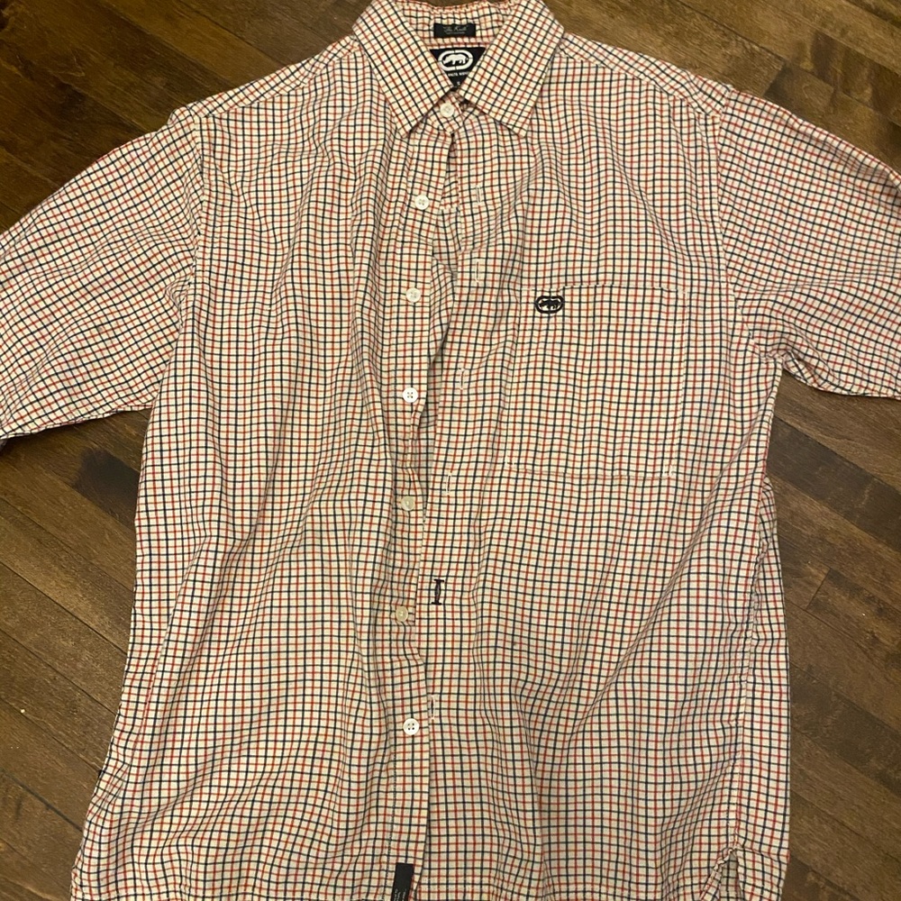 Echo Blue and Red Plaid Button Up Tee Shirt